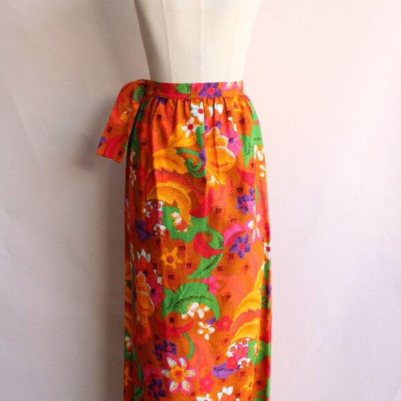 Vintage 1960s Skirt, Beverly Vogue Wrap Maxi Skirt, Tiki Flower Power - Picture 8 of 10